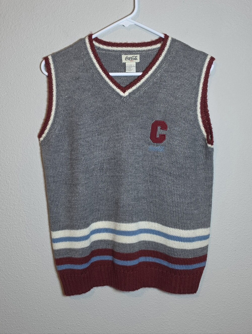 Vintage Coca Cola Sweater Vest Size Large - Preppy Y2K Collegiate Knit - Grey